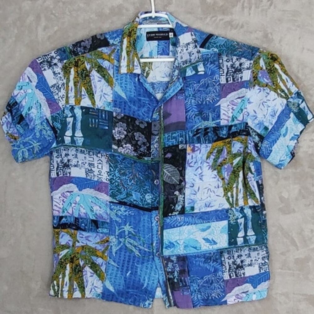 VTG Jams World Asian Fusion Shirt Sz Large Crushed Rayon Patchwork Blue Hawaiian
